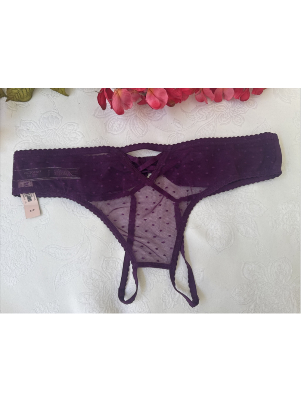 VICTORIA'S SECRET S PURPLE WINE VERY SEXY OPEN BOTTOM BOW POLKA DOT PANTIES NWT